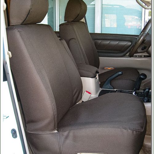 Toyota Landcruiser jeep seat covers anthracite cloth fabric with red bolsters- 2 fron