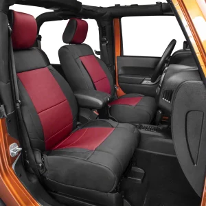 Vauxhall Frontera jeep seat covers anthracite cloth fabric with red bolsters- 2 front